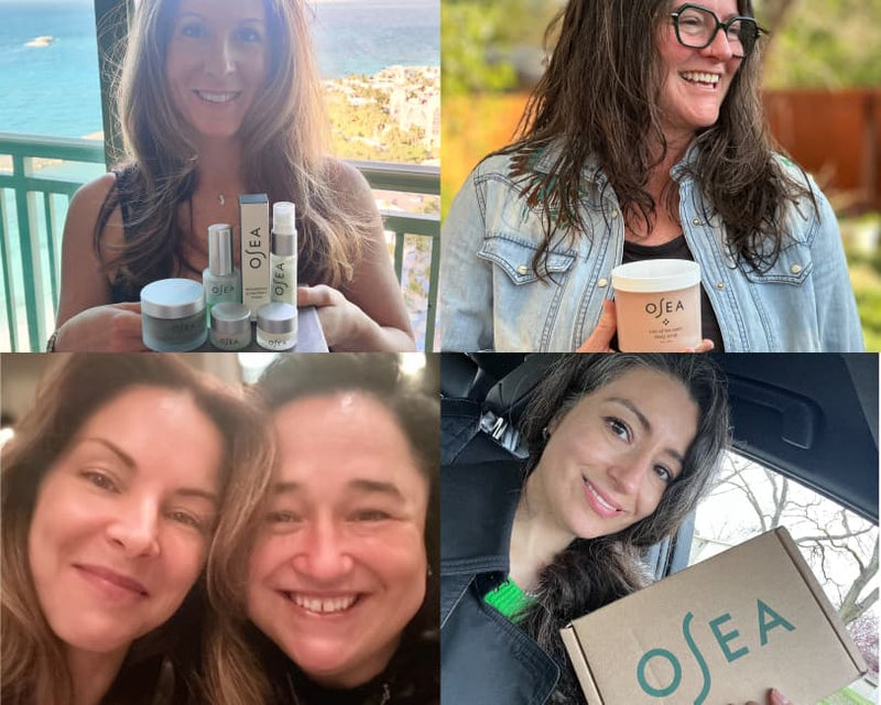 4 different images of women holding OSEA products and smiling