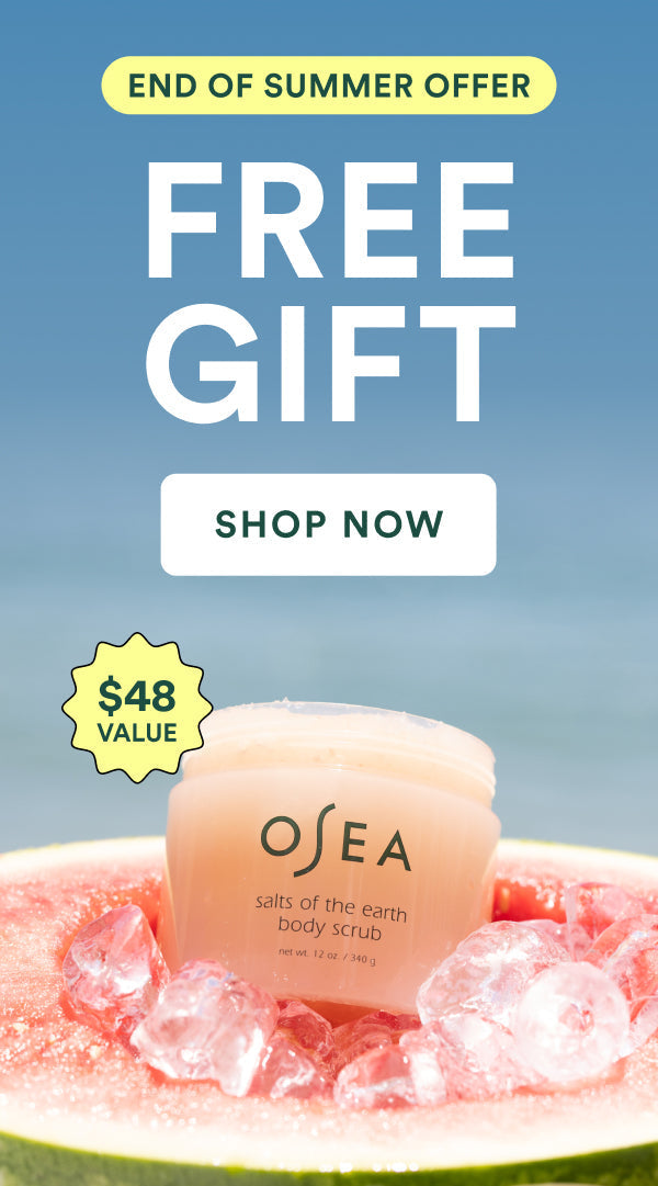 OSEA body scrub in a watermelon with promotional text for a free gift offer.